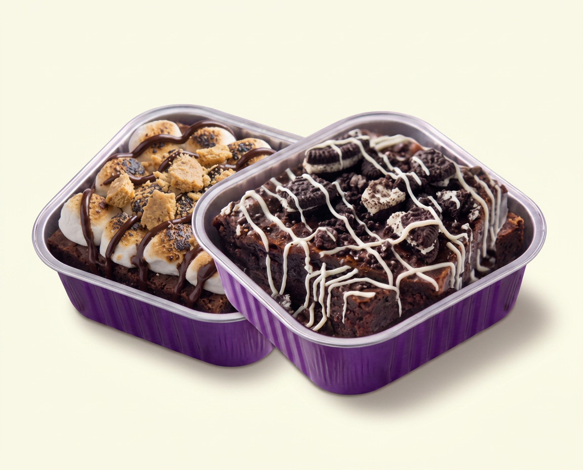 Two loaded Chulo's brownies — toasted s'mores and cookies & cream